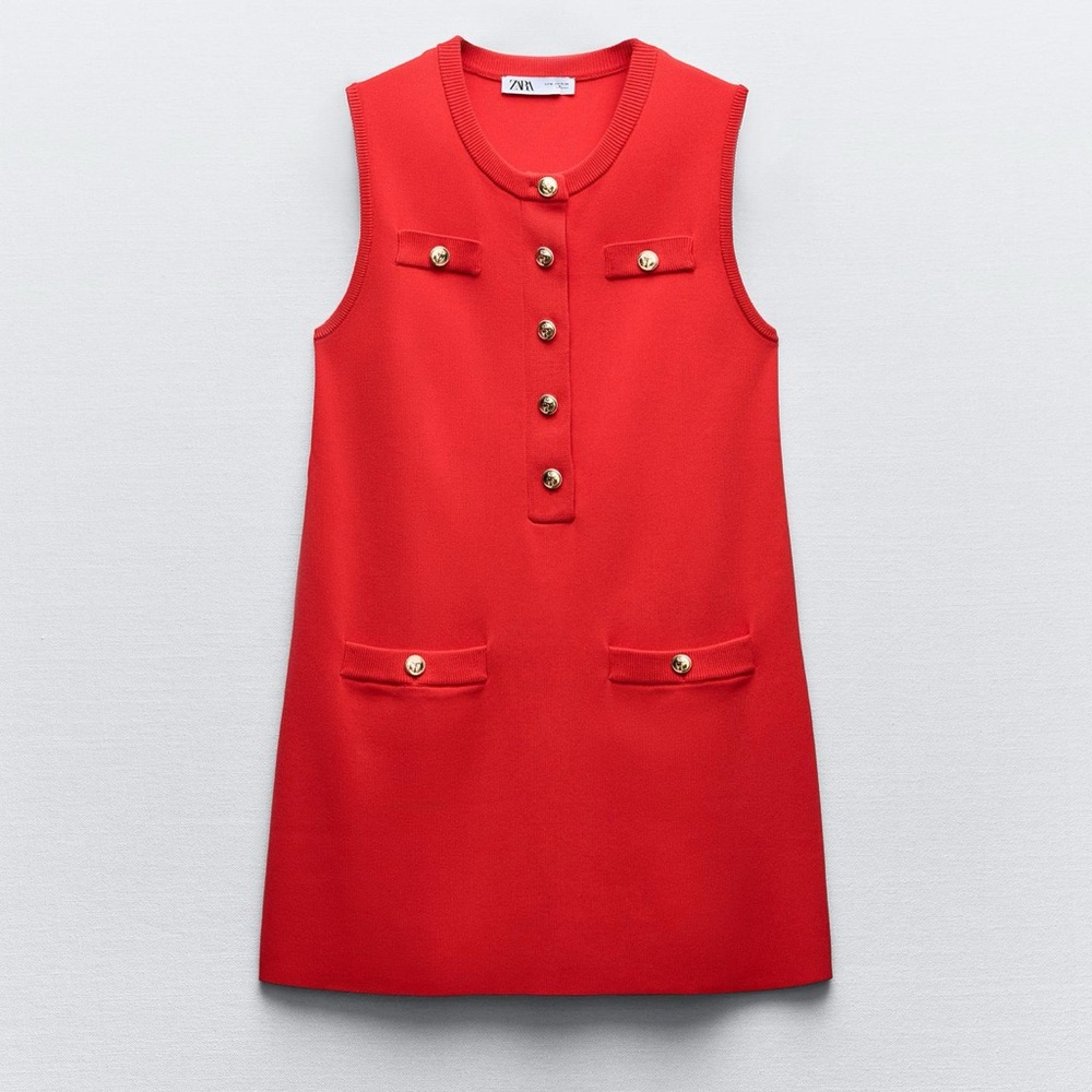 Zara red knit dress with gold buttons